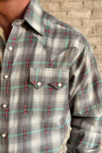 Men's Shadow Plaid Dobby Lurex Western Shirt by Rockmount Ranch Wear in grey with sawtooth pockets and diamond snaps