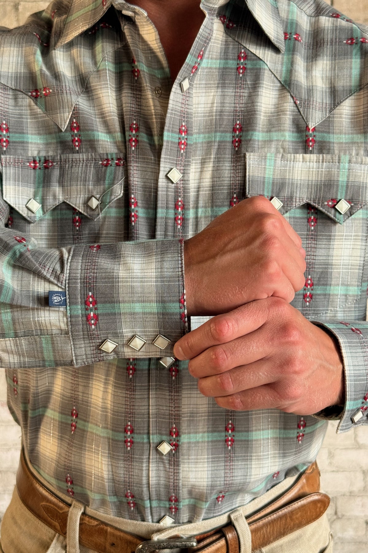Men's Shadow Plaid Dobby Lurex Western Shirt in grey by Rockmount Ranch Wear with sawtooth pockets and diamond snaps