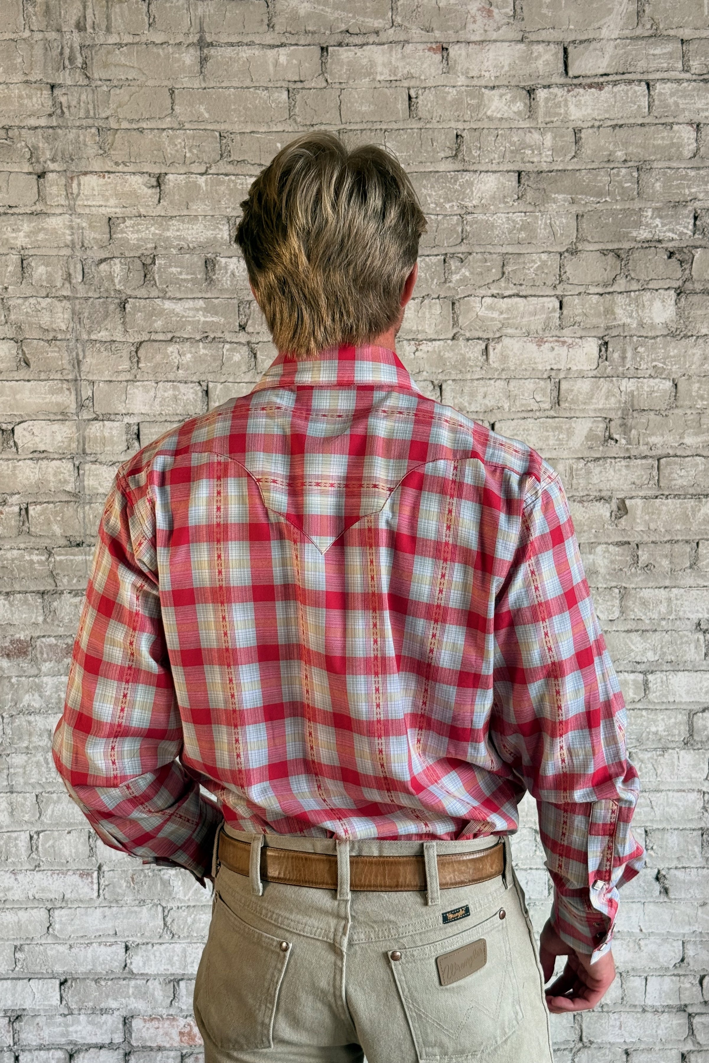 Men's Shadow Plaid Dobby Lurex Western Shirt in Red by Rockmount Ranch Wear with sawtooth pockets and diamond snaps