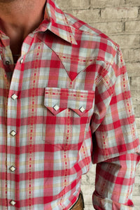 Men's Shadow Plaid Dobby Lurex Western Shirt in Red by Rockmount Ranch Wear with sawtooth pockets and diamond snaps