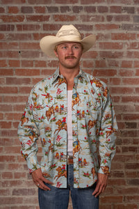 Men’s Vintage Light Blue Print Western Shirt