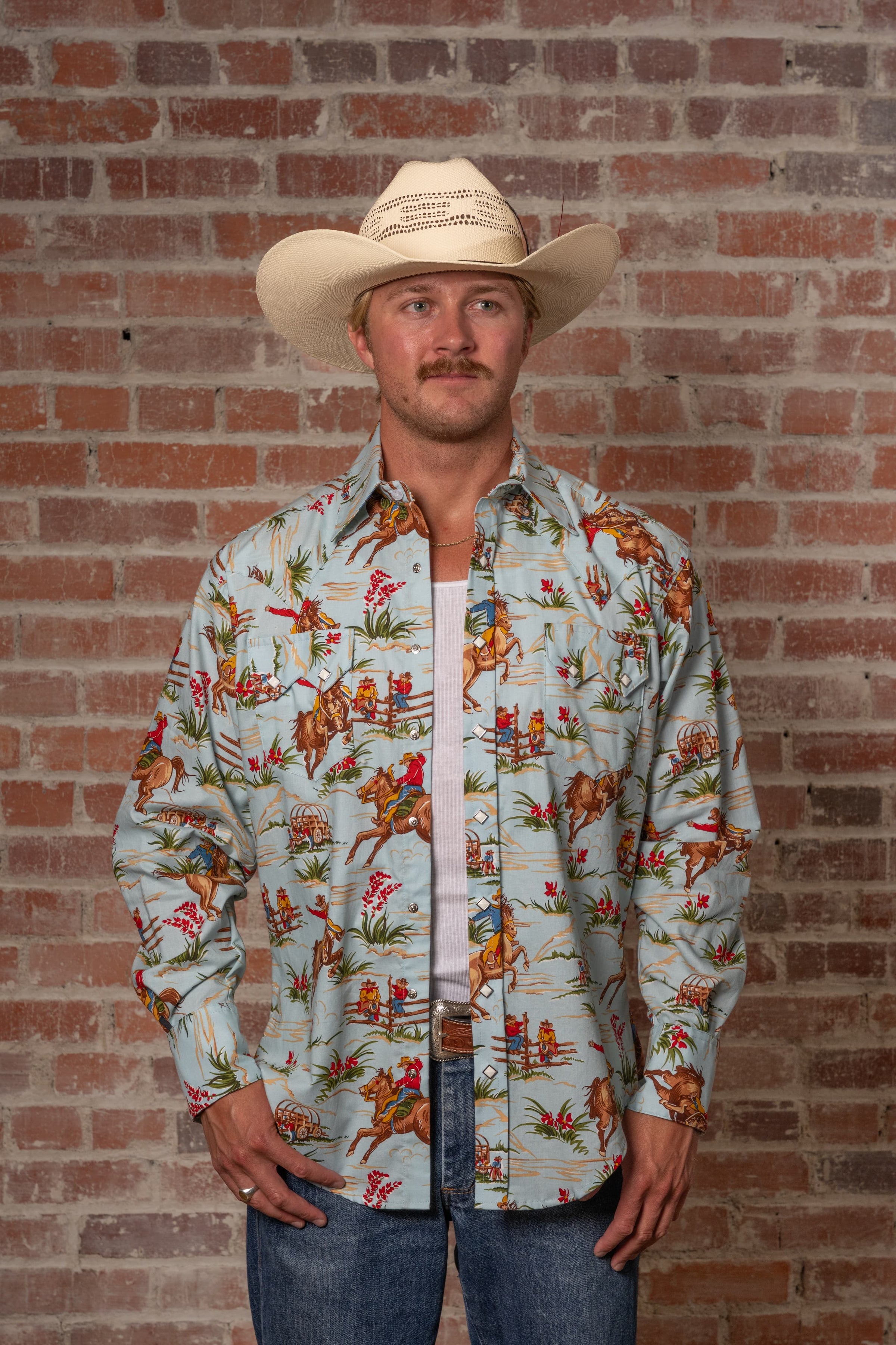 Men’s Vintage Light Blue Print Western Shirt