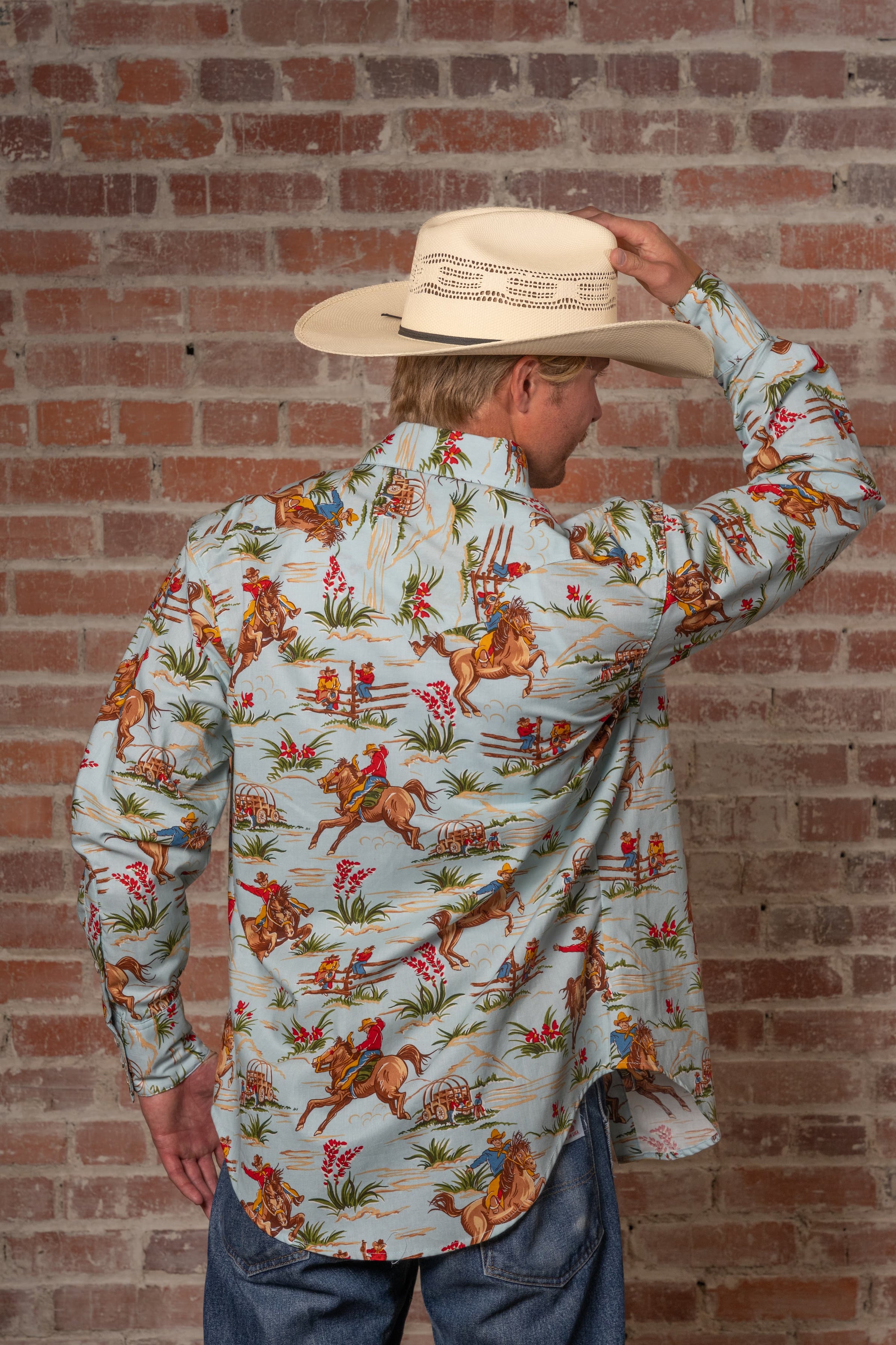 Men’s Vintage Light Blue Print Western Shirt