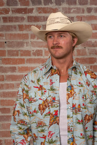 Men’s Vintage Light Blue Print Western Shirt