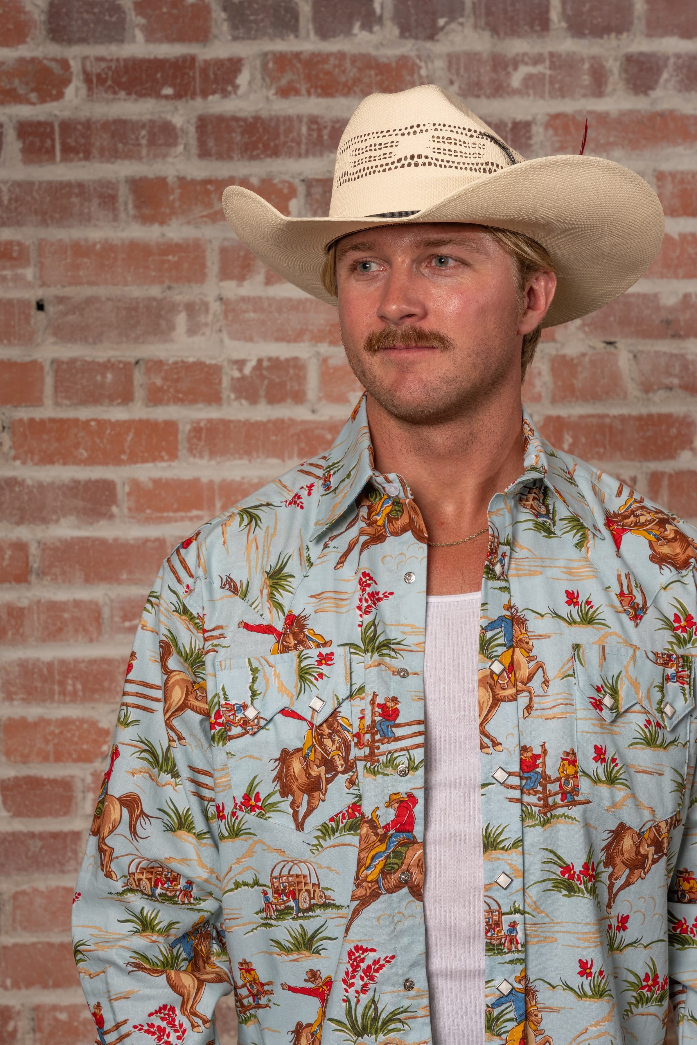 Men’s Vintage Light Blue Print Western Shirt