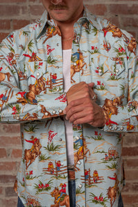 Men’s Vintage Light Blue Print Western Shirt