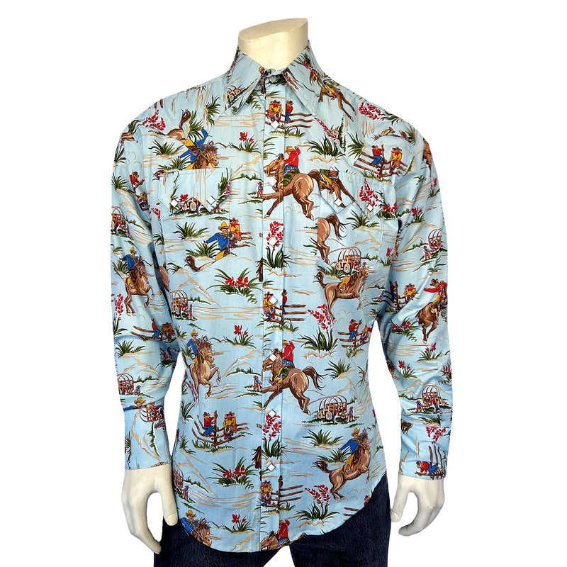 Men’s Vintage Light Blue Print Western Shirt