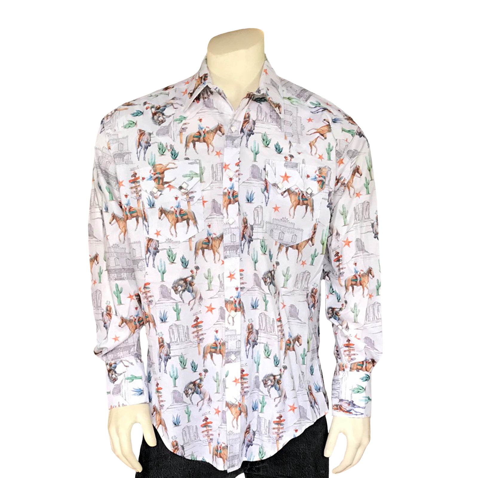 Men’s White Cactus & Cowboys Print Long Sleeve Western Shirt