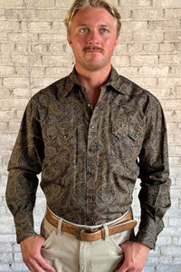 Men's Ornate Paisley Print Western Shirt in Brown