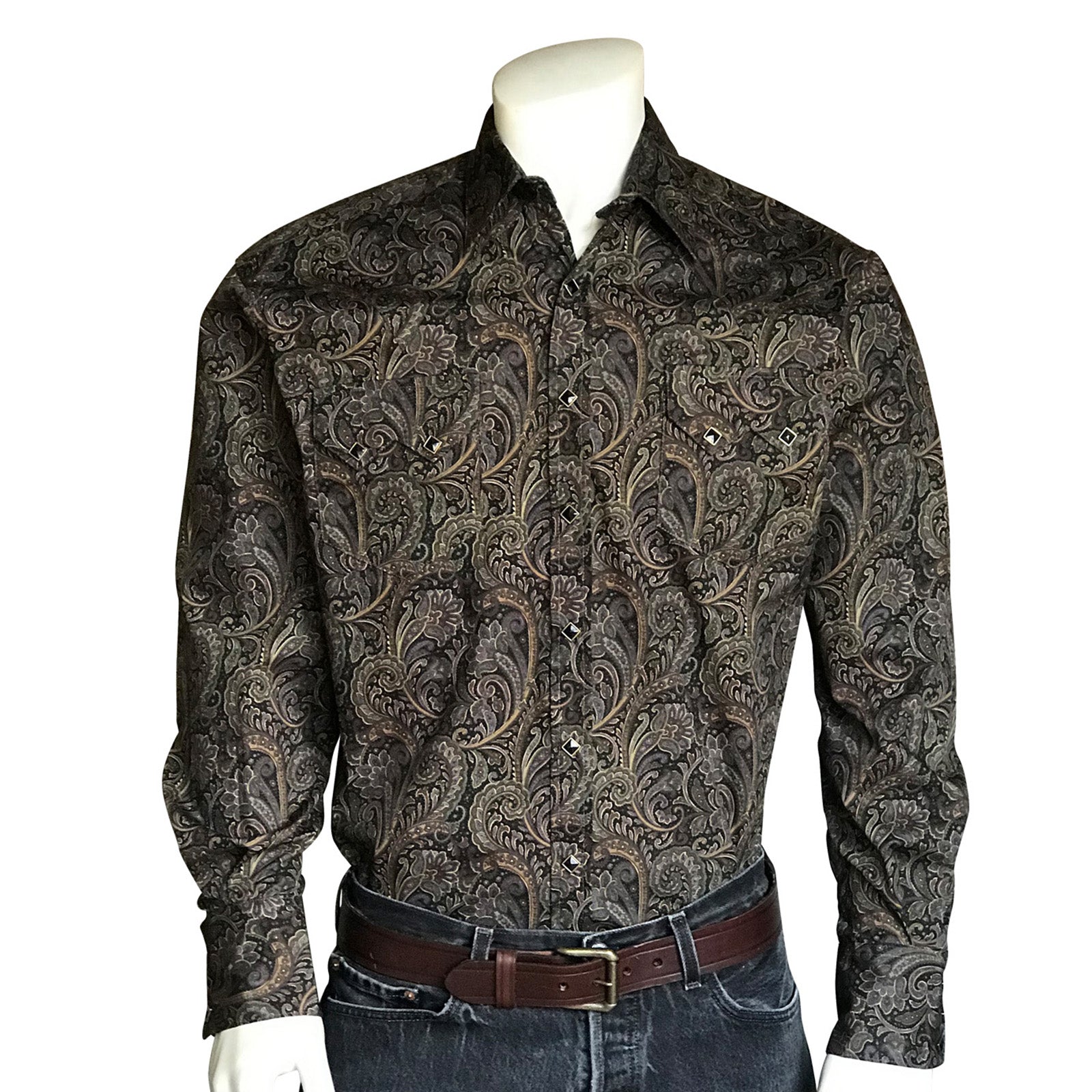 Men's Ornate Paisley Print Western Shirt in Brown