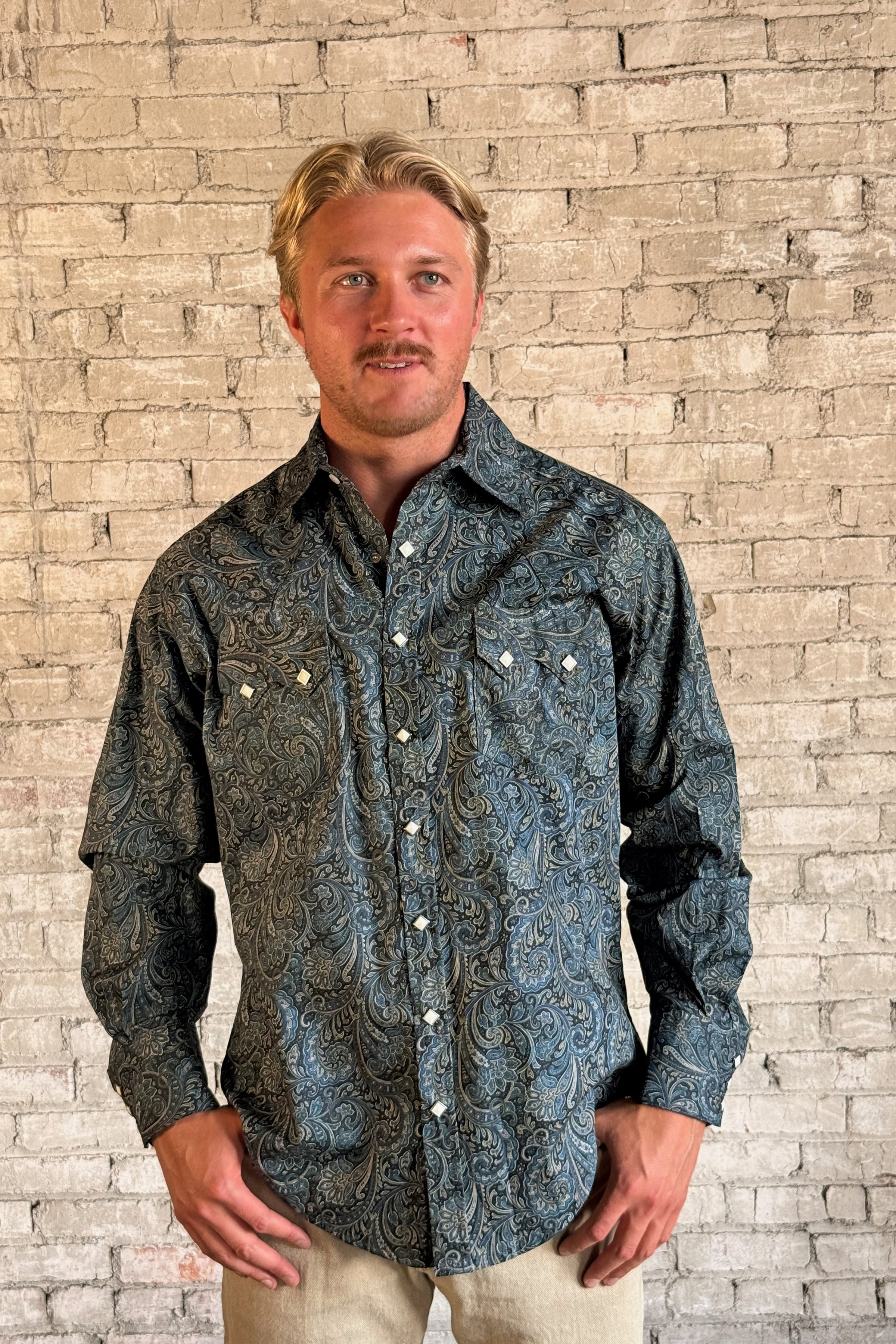 Men's Ornate Paisley Print Western Shirt in Navy