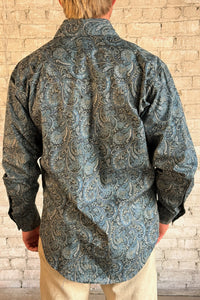 Men's Ornate Paisley Print Western Shirt in Navy