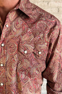 Men's Ornate Paisley Print Western Shirt in Burgundy