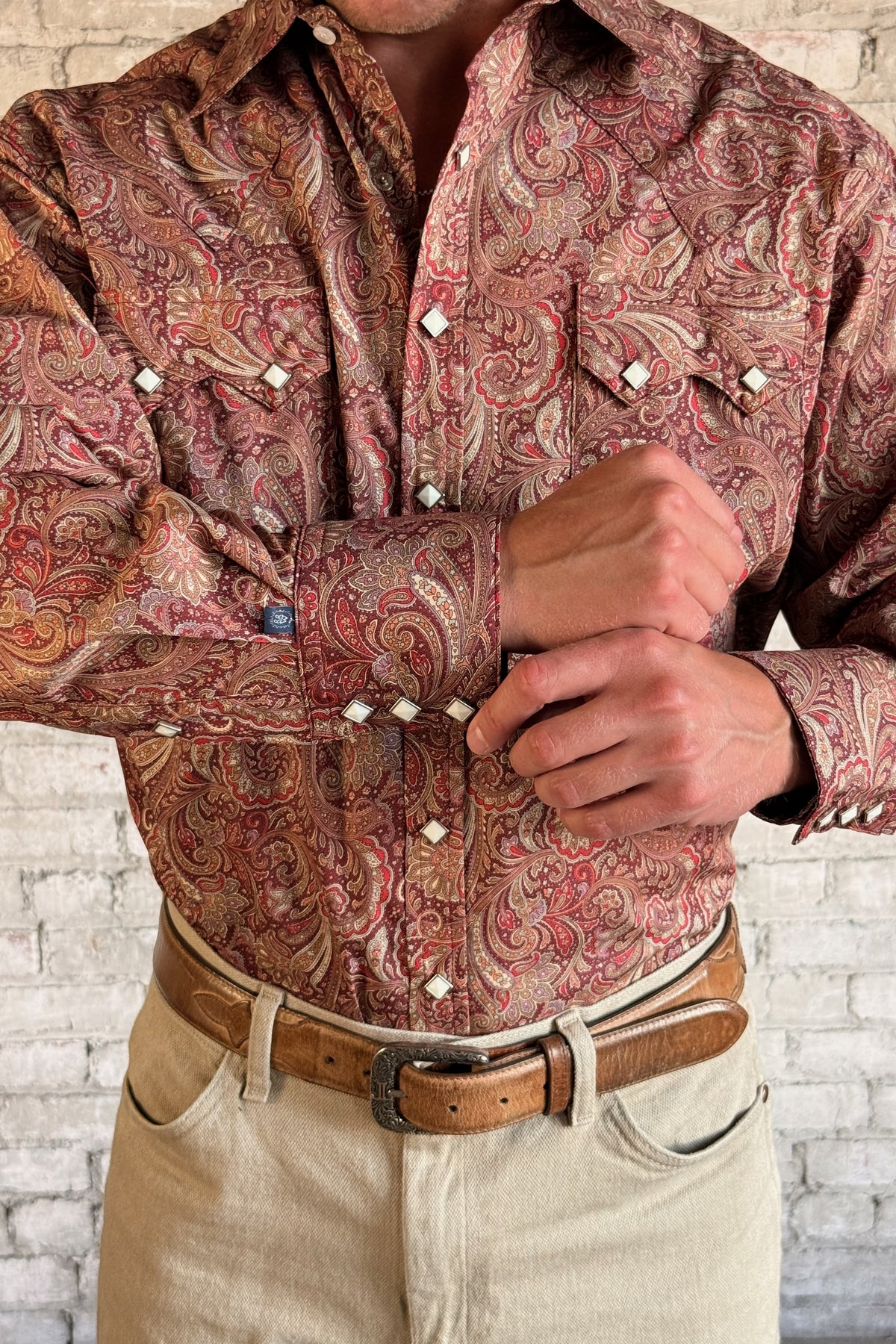 Men's Ornate Paisley Print Western Shirt in Burgundy