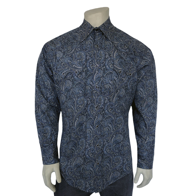 Men's Ornate Paisley Print Western Shirt in Navy