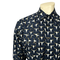 Men's Bison Skulls Print Western Shirt in Navy