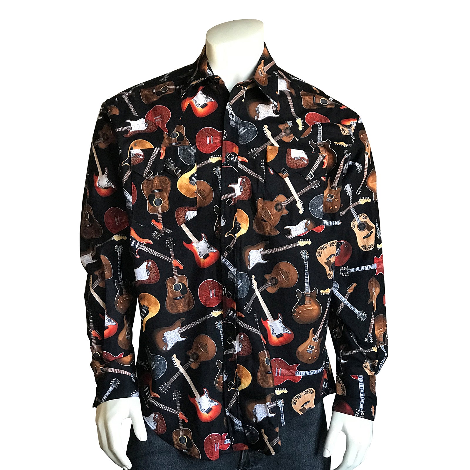 Men's Black Electric Guitars Print Western Shirt