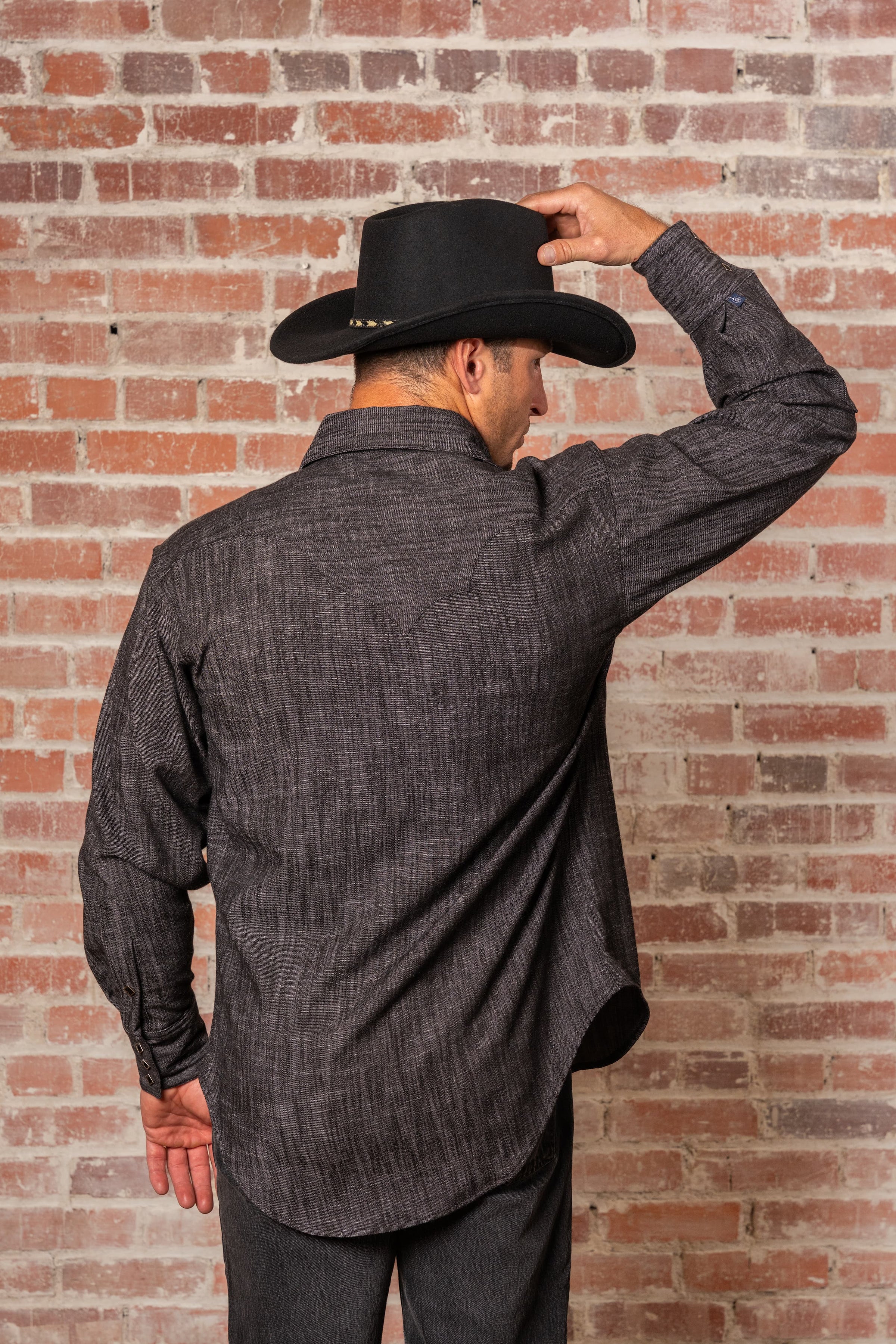 Men's Black Stonewashed Diamond Snap Denim Sawtooth Pocket Western Shirt