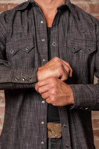 Men's Black Stonewashed Diamond Snap Denim Sawtooth Pocket Western Shirt