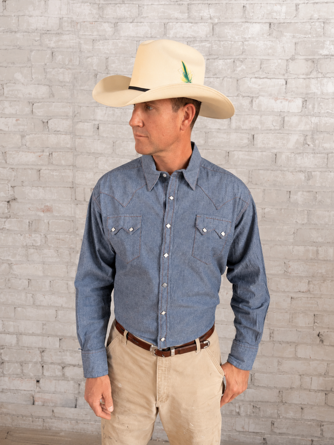 Men's Navy Blue Cotton Chambray Western Shirt