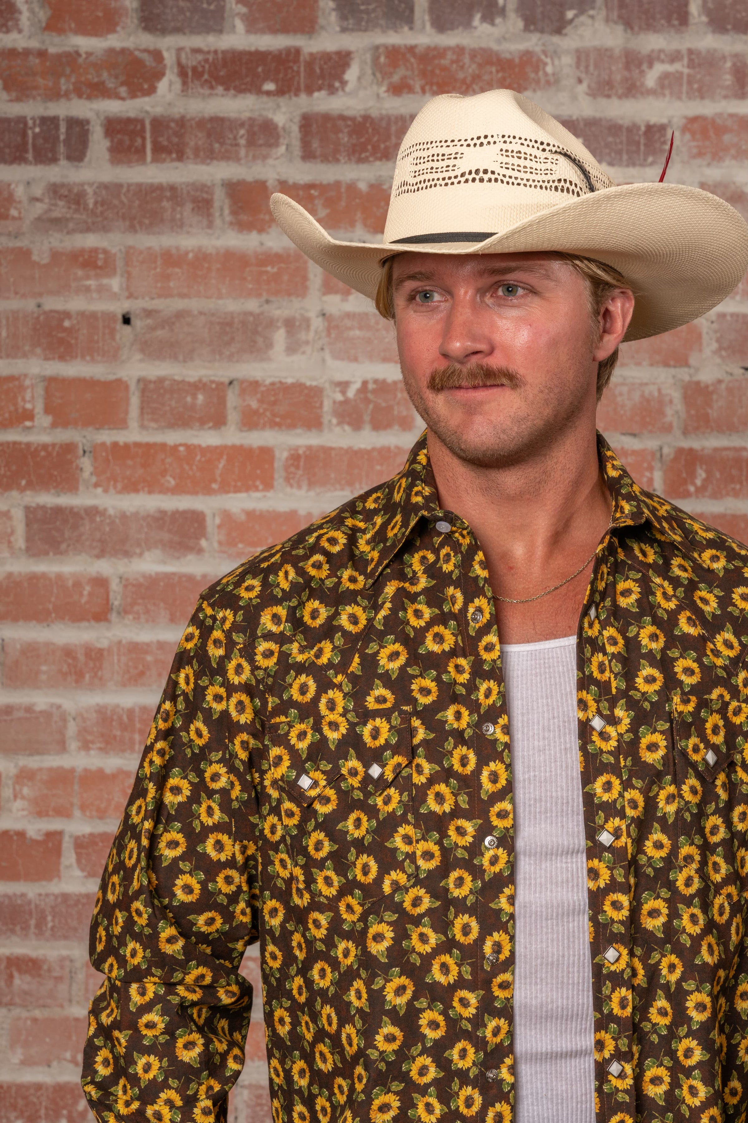 Men's Vintage Brown Sunflower Print Western Shirt