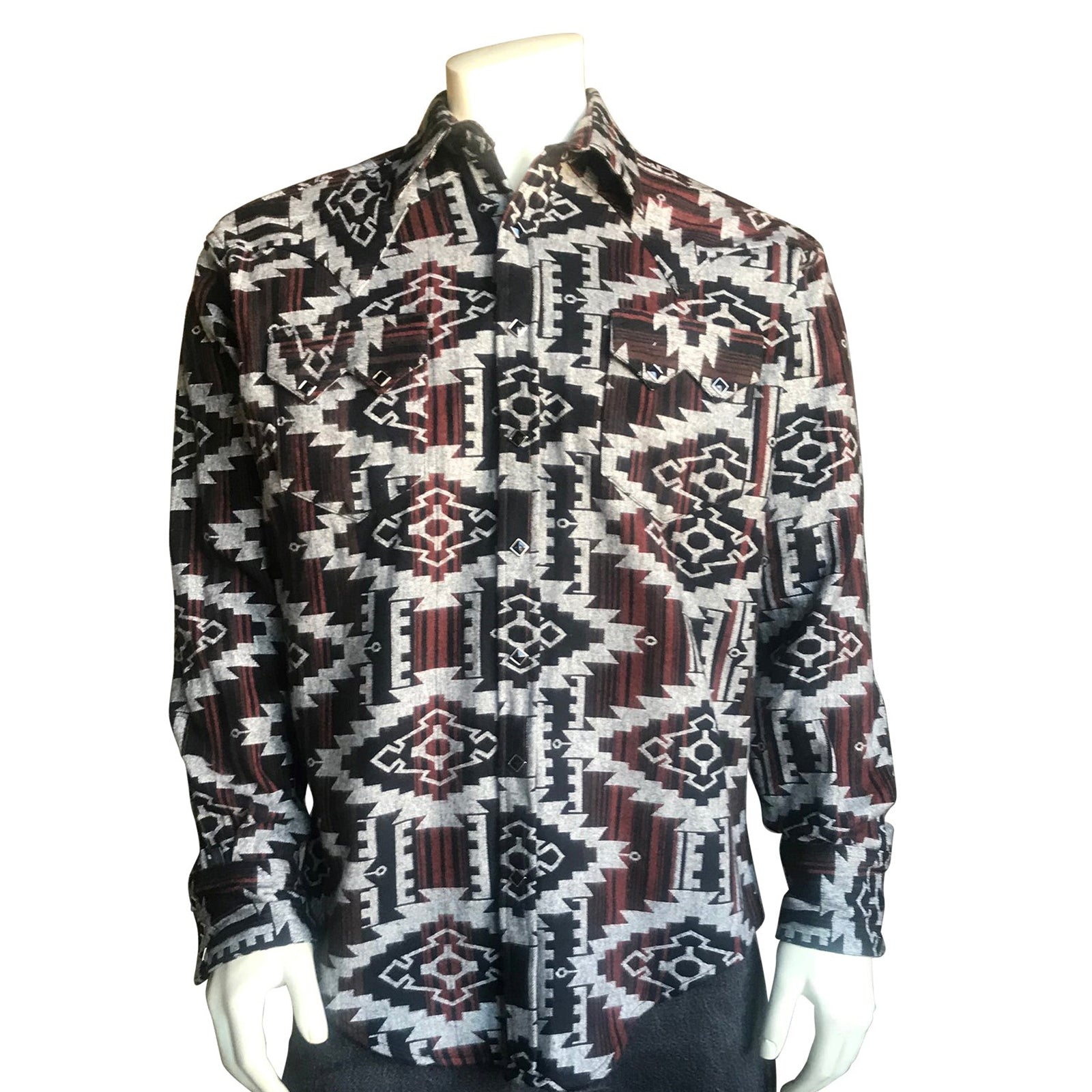 Rockmount Native Print Premium Flannel Western Shirt in Black & Brown