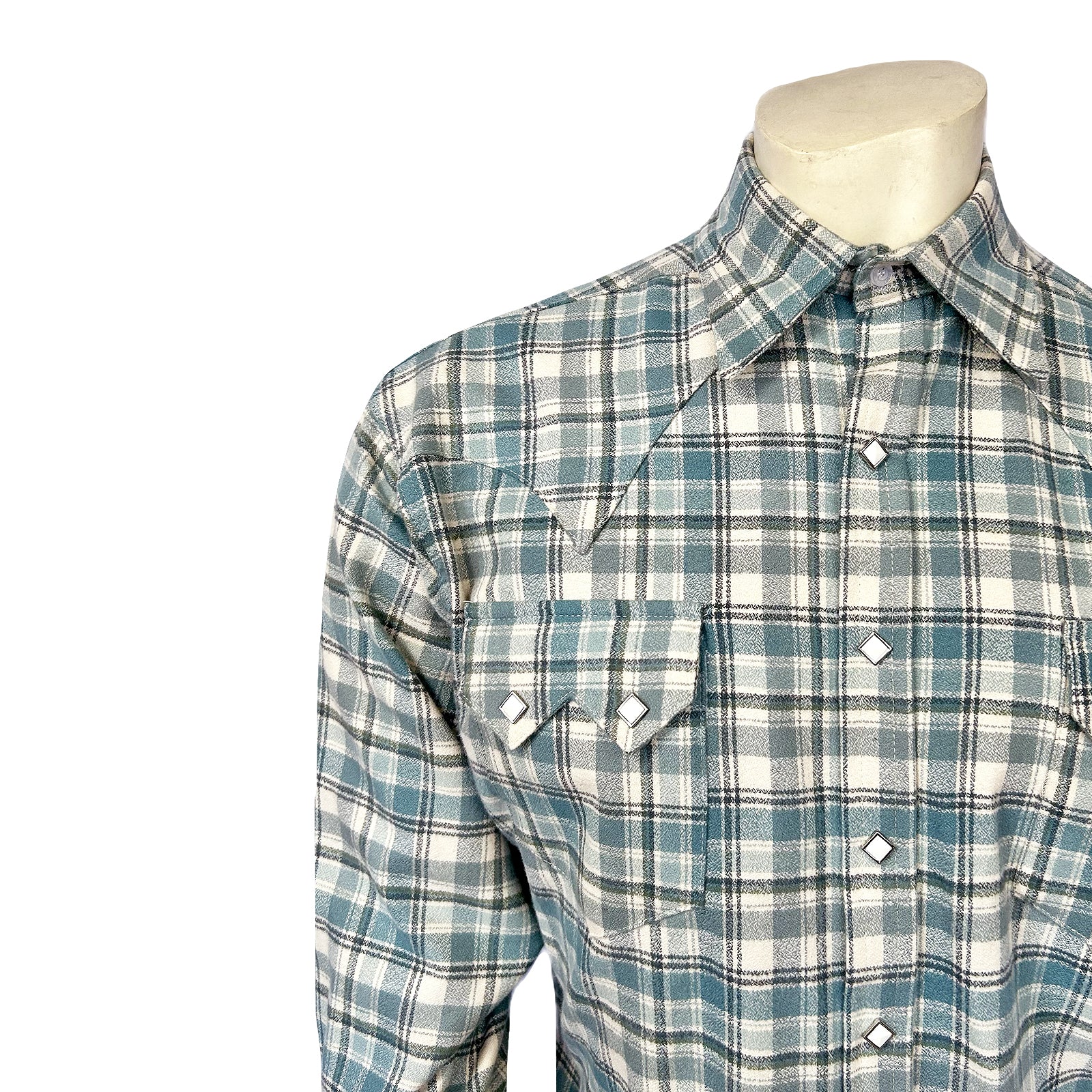 Men's Organic Plush Flannel Dusty Blue Plaid Western Shirt