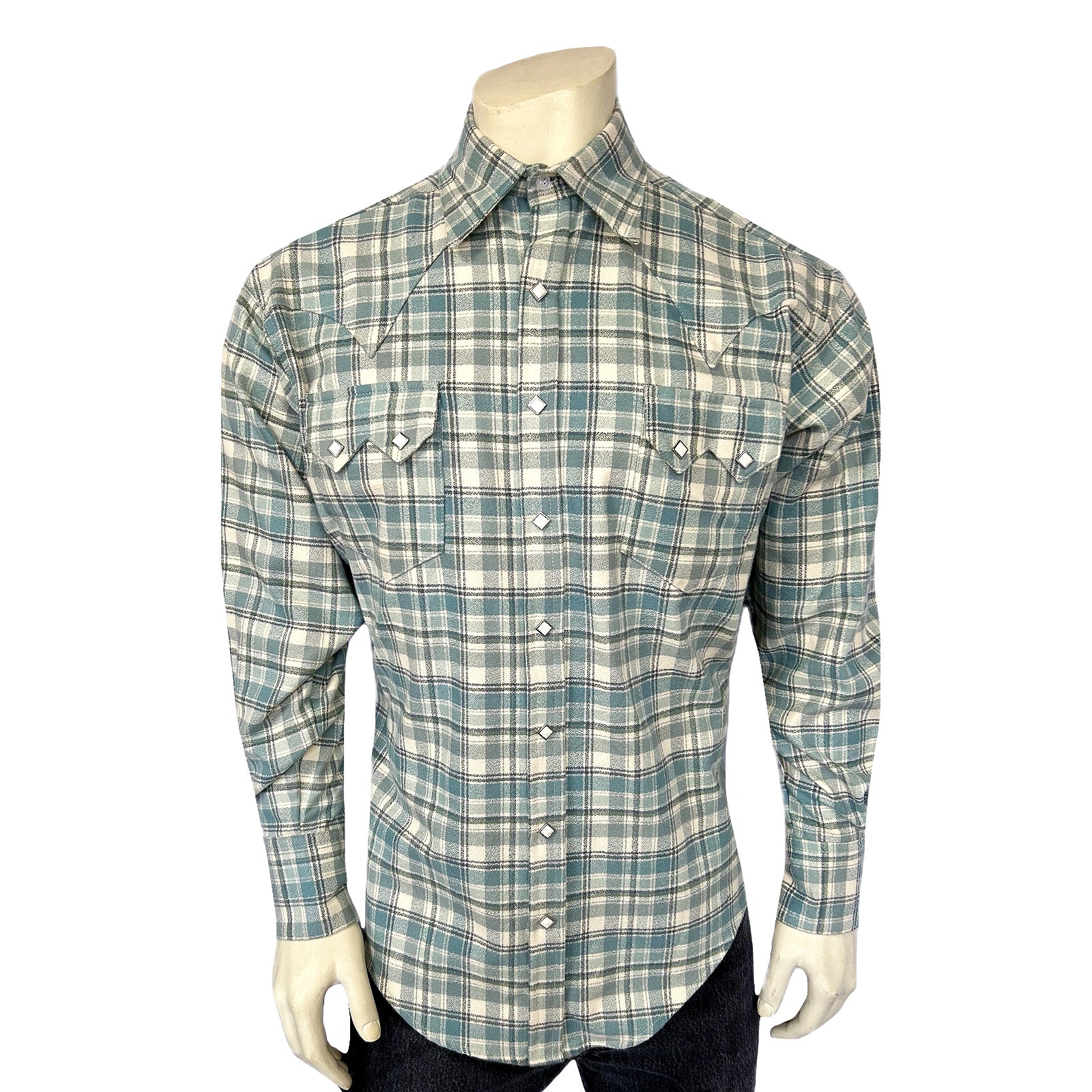 Men's Organic Plush Flannel Dusty Blue Plaid Western Shirt