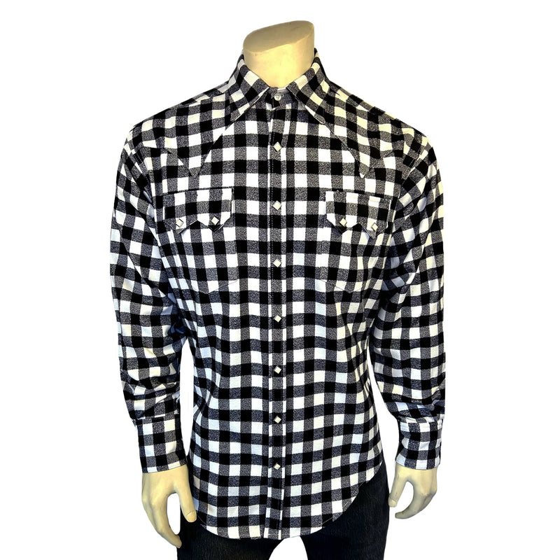 Men's Plush Flannel White & Black Buffalo Check Western Shirt