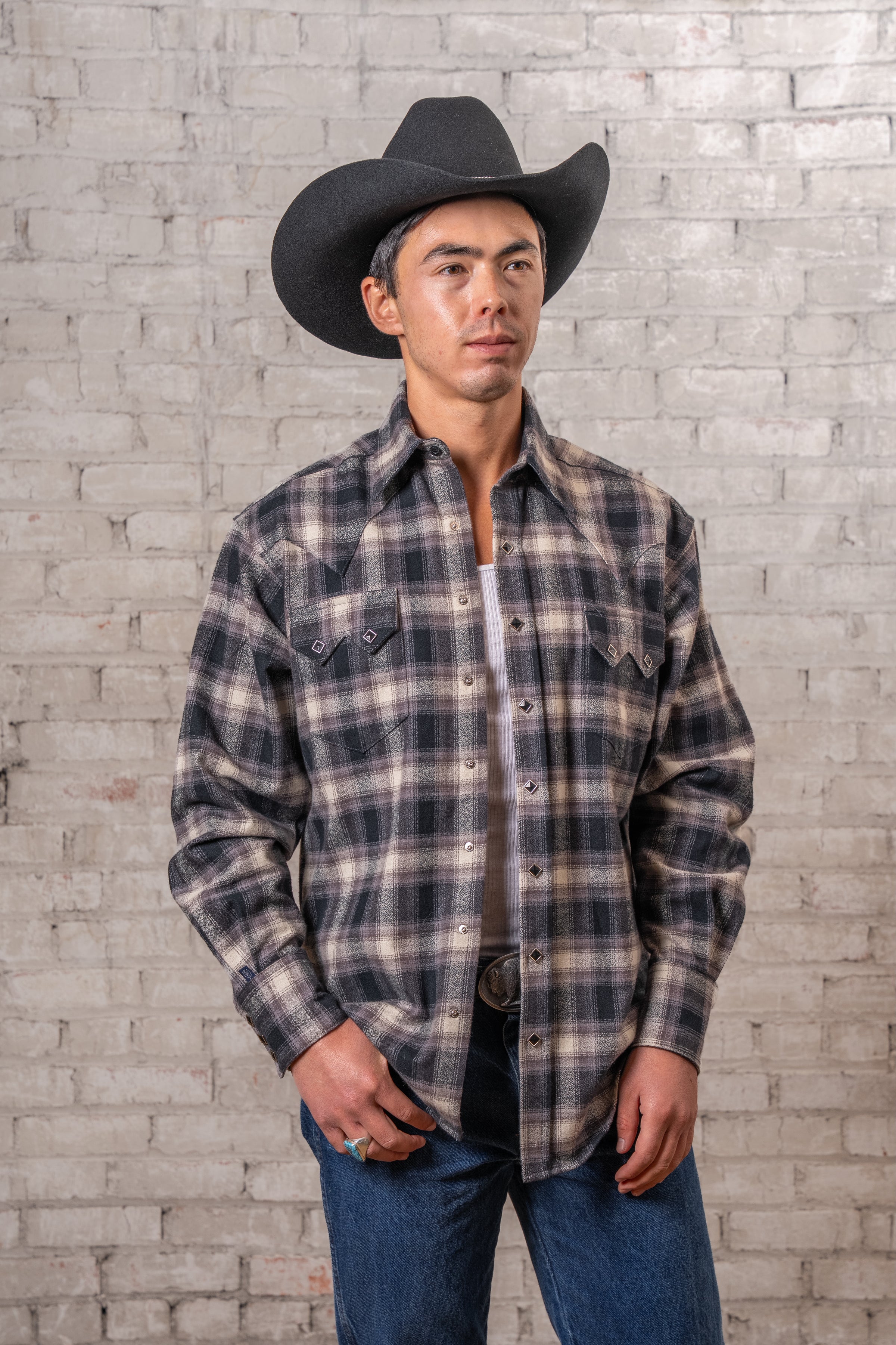 Men's Plush Flannel Black Plaid Western Shirt