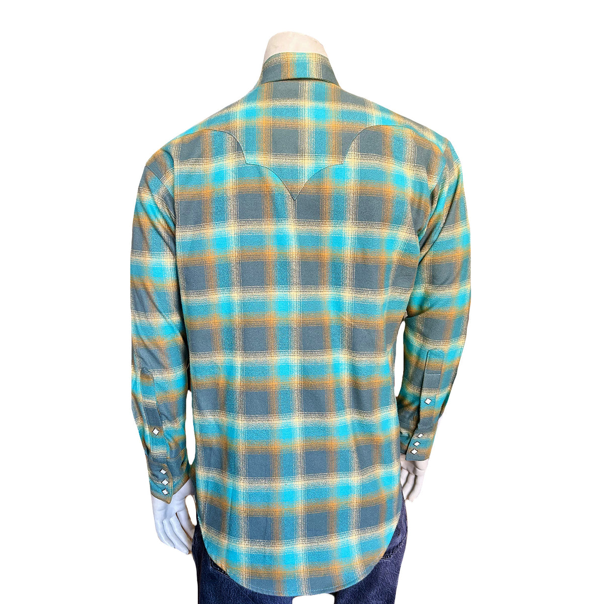 Men's Plush Flannel Green & Turquoise Plaid Western Shirt