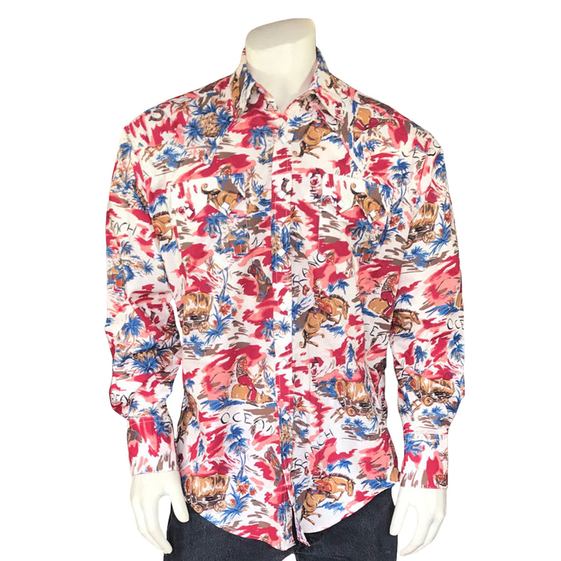 Men’s Red Western Hawaiian Print Long Sleeve Shirt