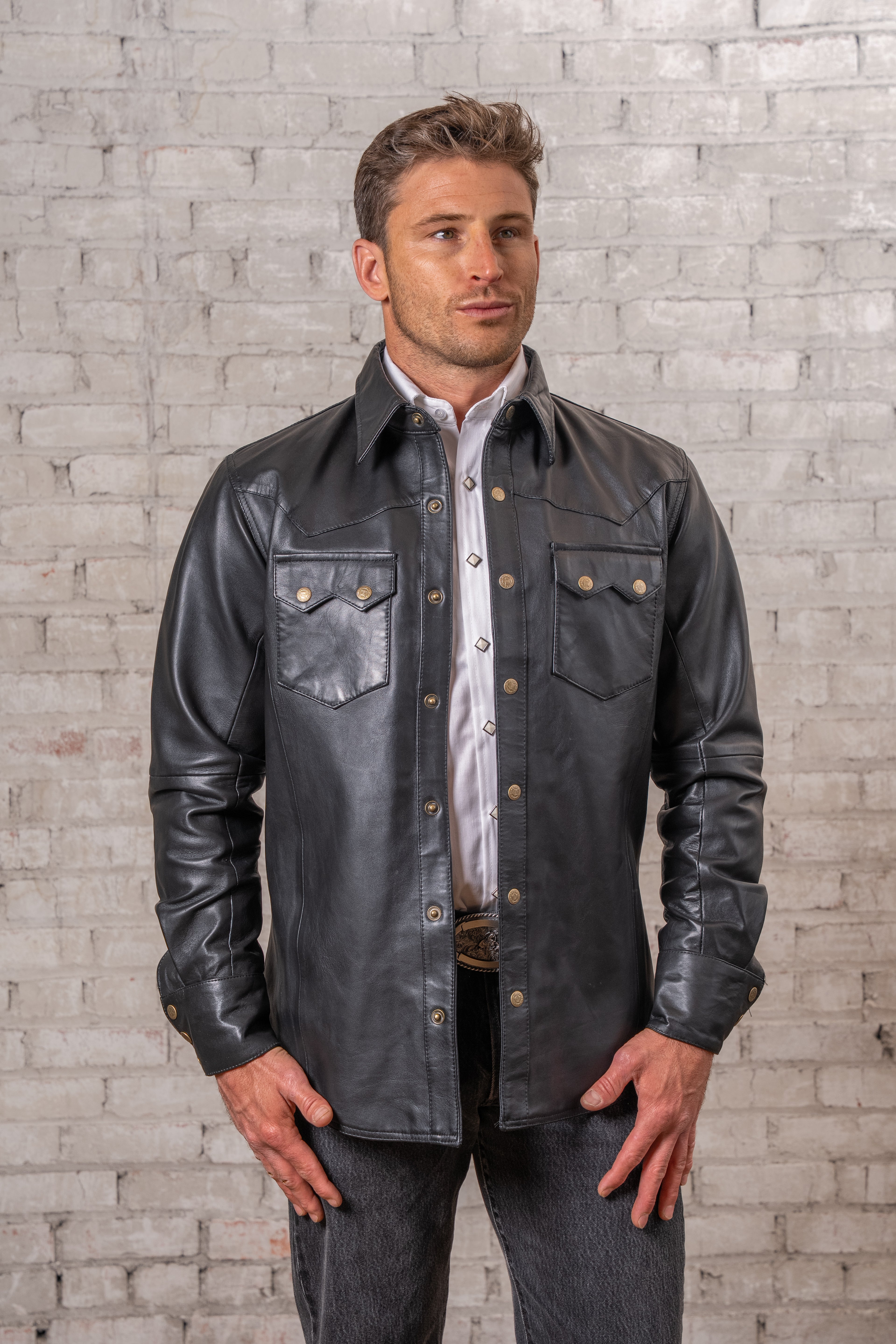 Rockmount Ranch Wearウエスタンジャケット　M Rockmount Men's Calf Skin Leather Western Shirt in Charcoal Black