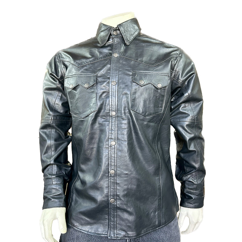 Men's Calf Skin Leather Western Shirt in Charcoal Black