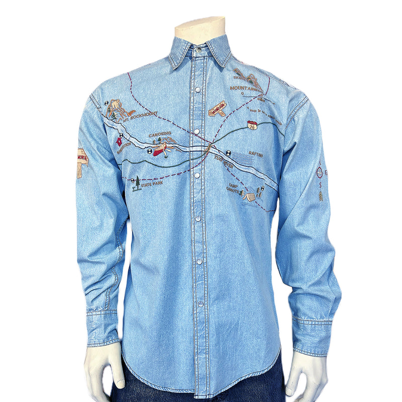 Men's Denim Map Embroidered Western Shirt