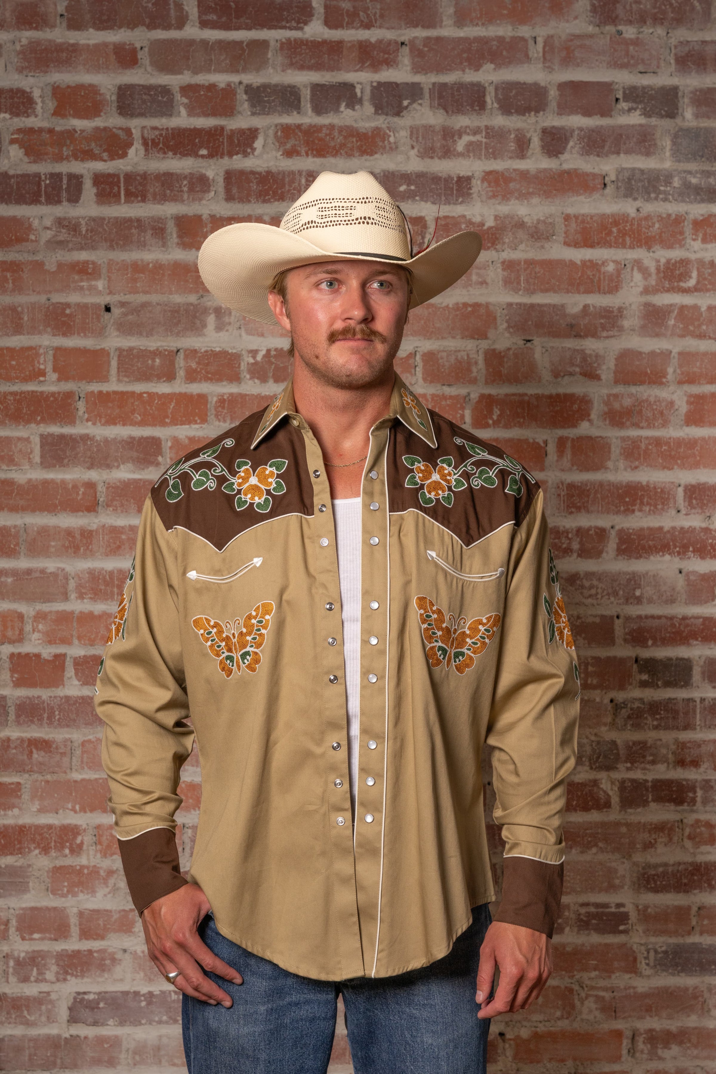 Men's Vintage Tan Floral Butterfly Embroidered Western Shirt