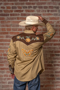 Men's Vintage Tan Floral Butterfly Embroidered Western Shirt