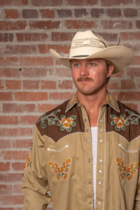 Men's Vintage Tan Floral Butterfly Embroidered Western Shirt