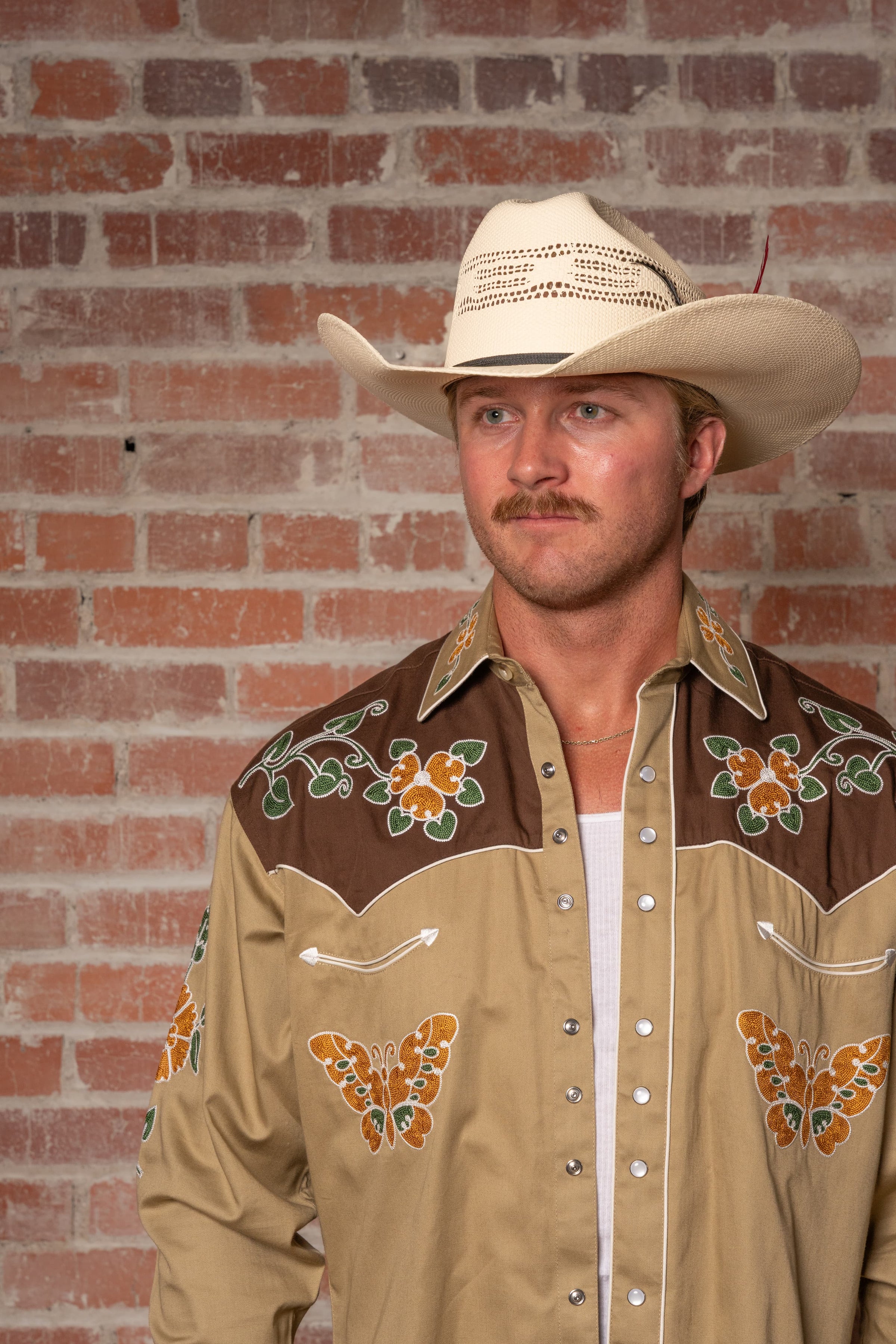 Men's Vintage Tan Floral Butterfly Embroidered Western Shirt