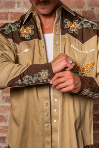 Men's Vintage Tan Floral Butterfly Embroidered Western Shirt
