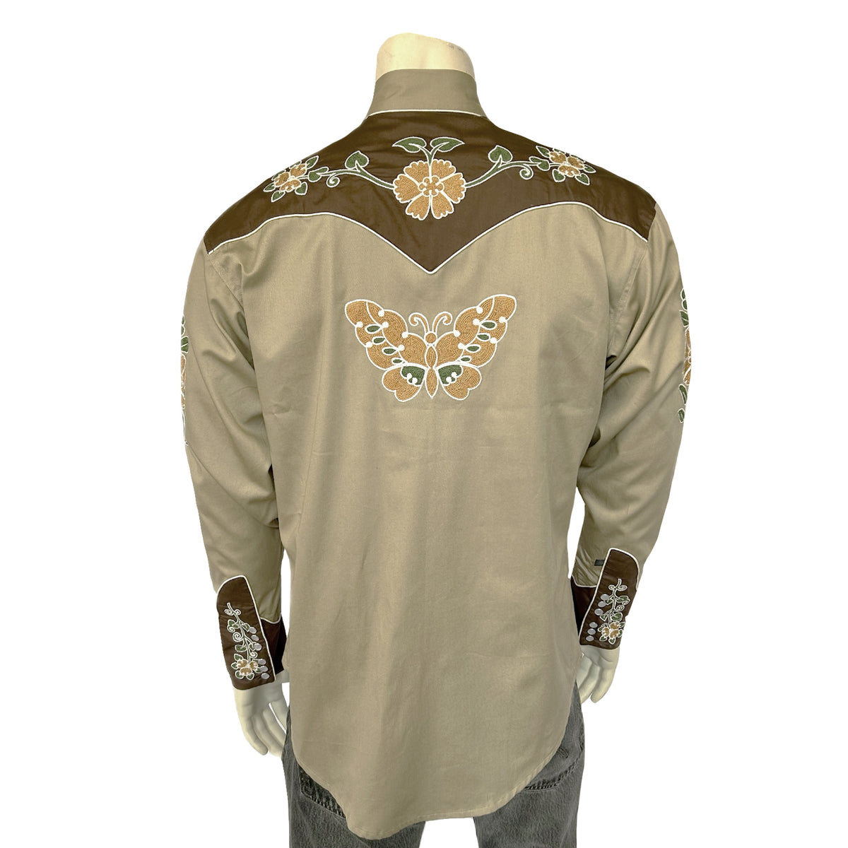 Men's Vintage Tan Floral Butterfly Embroidered Western Shirt