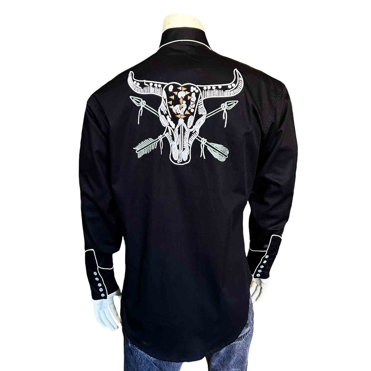 Men’s Vintage Black Steer Skull & Arrow Chain Stitch Embroidered Western Shirt