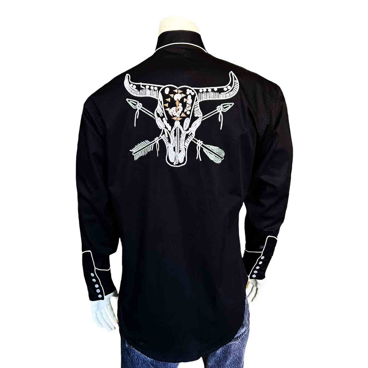 Men’s Vintage Black Steer Skull & Arrow Chain Stitch Embroidered Western Shirt