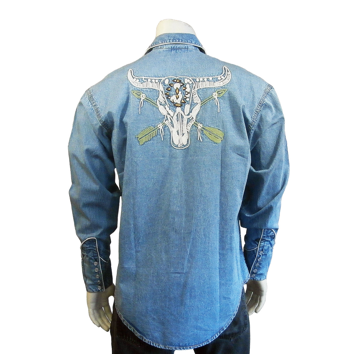 Men’s Vintage Denim Steer Skull & Arrow Chain Stitch Embroidery Western Shirt
