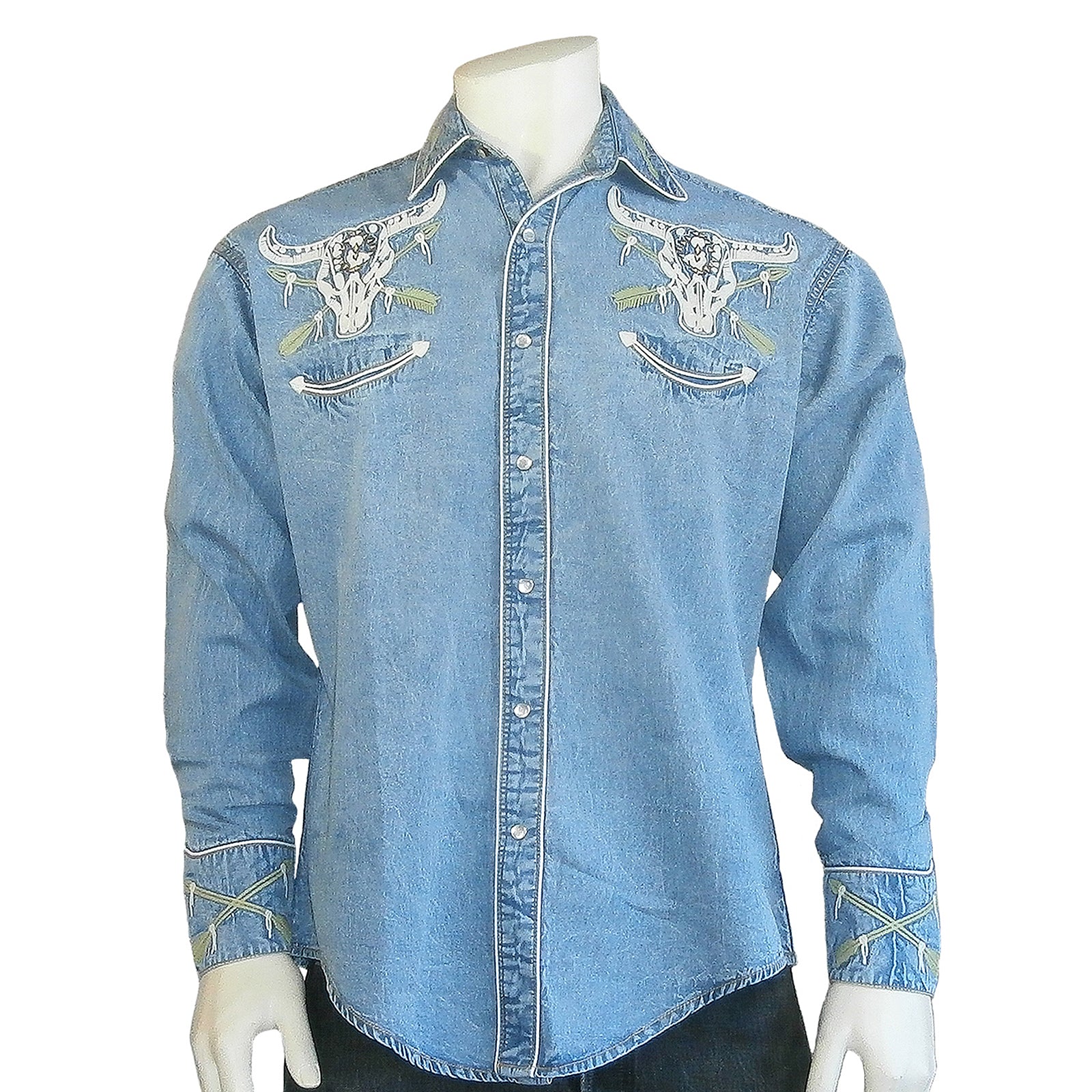 Men’s Vintage Denim Steer Skull & Arrow Chain Stitch Embroidery Western Shirt