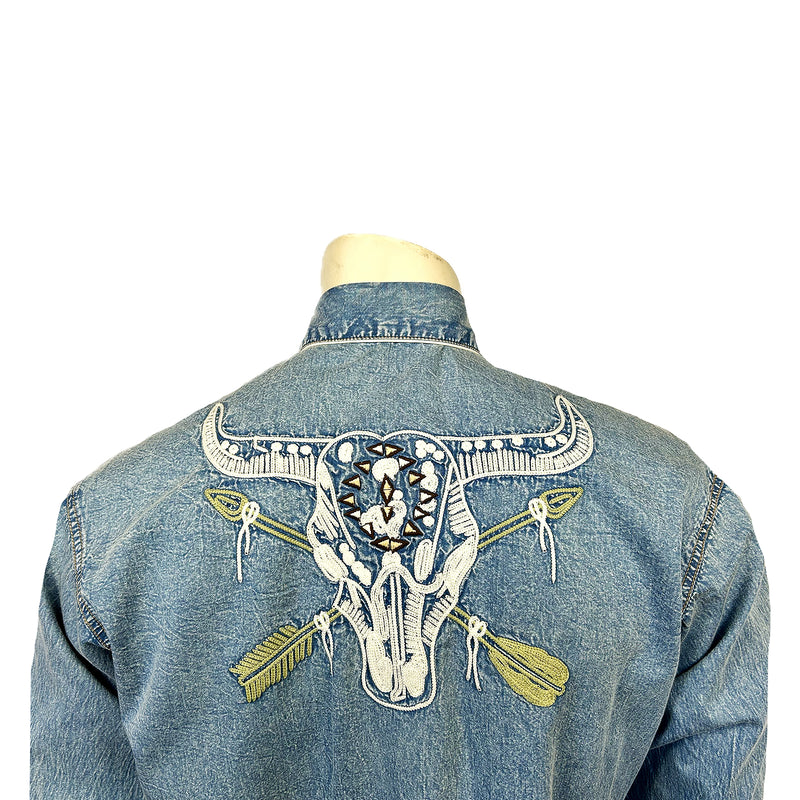 Men’s Vintage Denim Steer Skull & Arrow Chain Stitch Embroidered Western Shirt