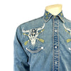 Men’s Vintage Denim Steer Skull & Arrow Chain Stitch Embroidered Western Shirt