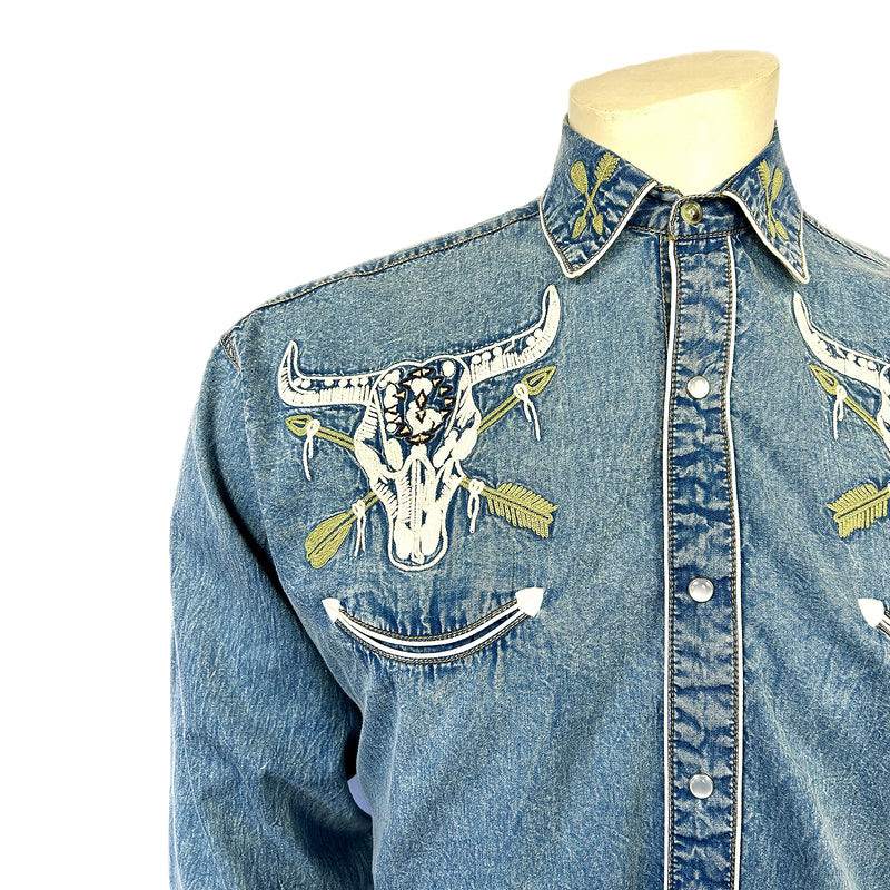 Men’s Vintage Denim Steer Skull & Arrow Chain Stitch Embroidered Western Shirt