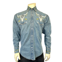 Men’s Vintage Denim Steer Skull & Arrow Chain Stitch Embroidered Western Shirt