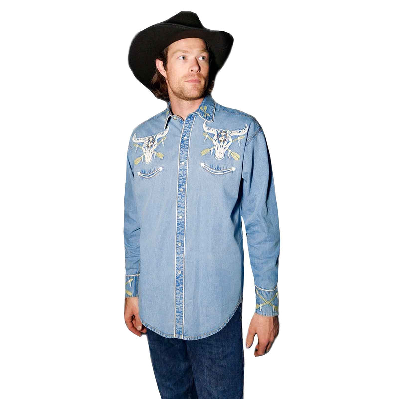 Men’s Vintage Denim Steer Skull & Arrow Chain Stitch Embroidered Western Shirt